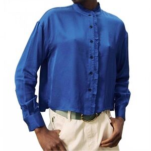 FRNCH Paris Victoria Ruffle Button Down Blouse in Blue Large